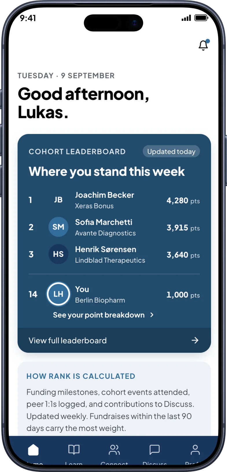 The Leaderboard prototype ranking cohort members by points with a link to see your point breakdown and a note on how rank is calculated